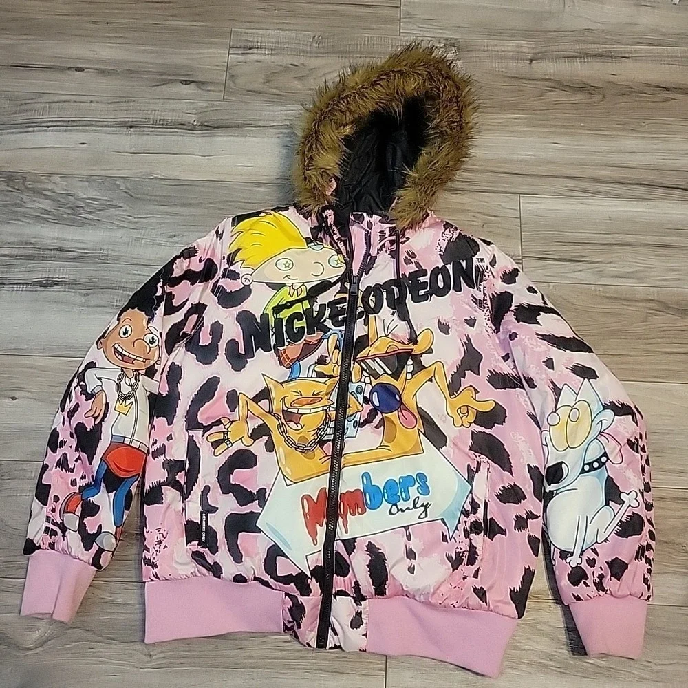 Members Only Nickelodeon Rug Rats Cat Dog Arnold Rocko Fur Pink Puffer Jacket L - Picture 2 of 10